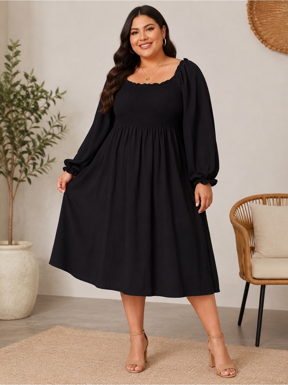 Plus Size Black Smocked Bodice Midi Dress with Puff Sleeves